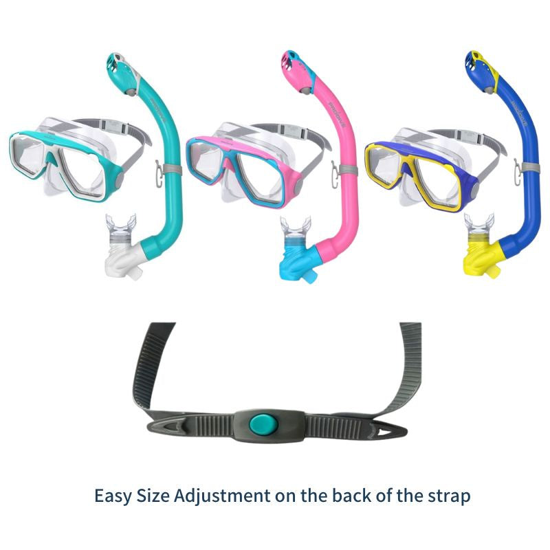 Easy vision mask and snorkel set for kids with size adjustment on the strap