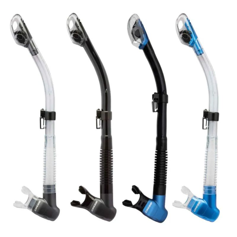 Cressi Epsilon SPE dry snorkels - 4 snorkels showing the different colours available