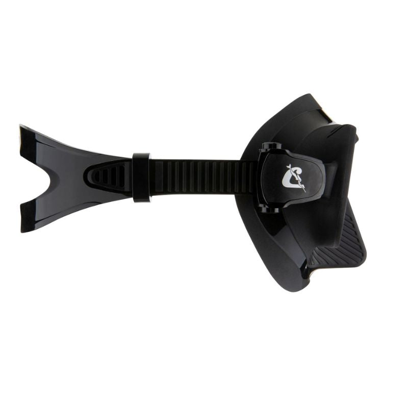 Cressi Rombo Freedive mask showing low volume and comfort strap