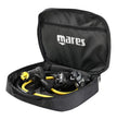 Black diving equipment bag with Mares branding containing a scuba diving regulator and hose on a white background.