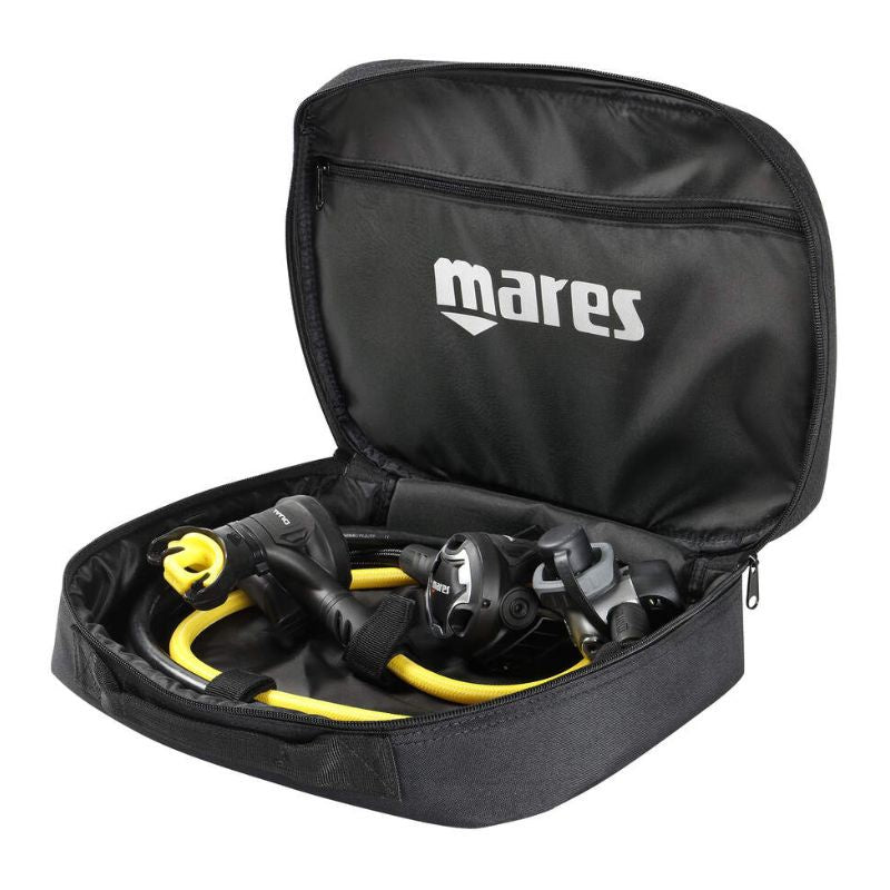 Black diving equipment bag with Mares branding containing a scuba diving regulator and hose on a white background.