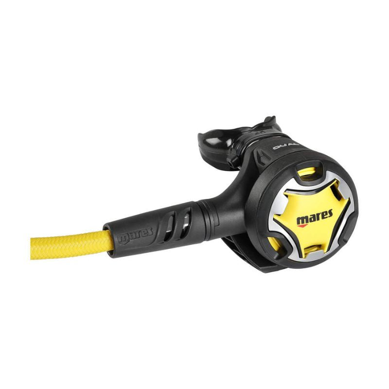 Scuba diving regulator with yellow hose on a white background, featuring the Mares brand.