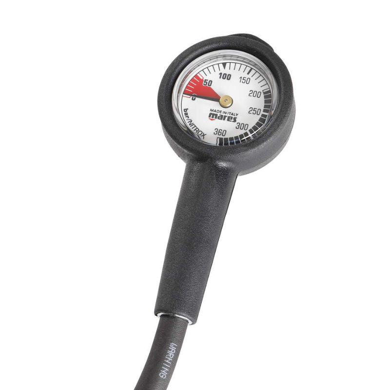 Black submersible pressure gauge with a white dial.