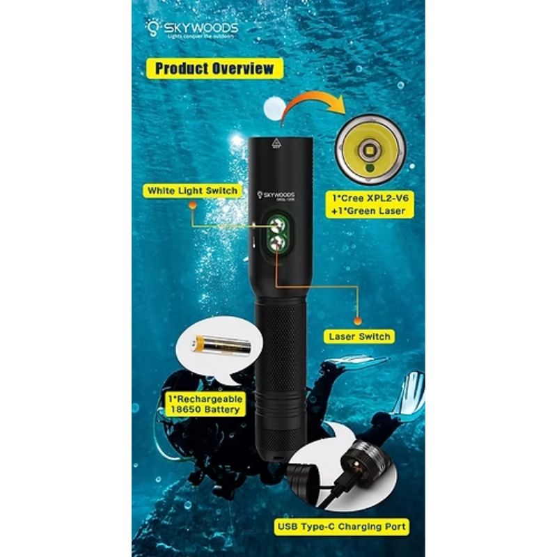 Skywoods D6GL Torch with Green Laser Pointer