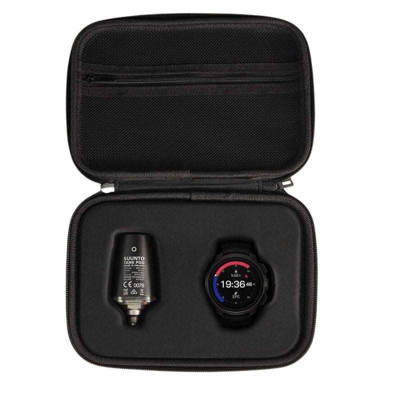 Suunto Ocean All Black dive computer with GPS in the case with the Suunto Tank pod