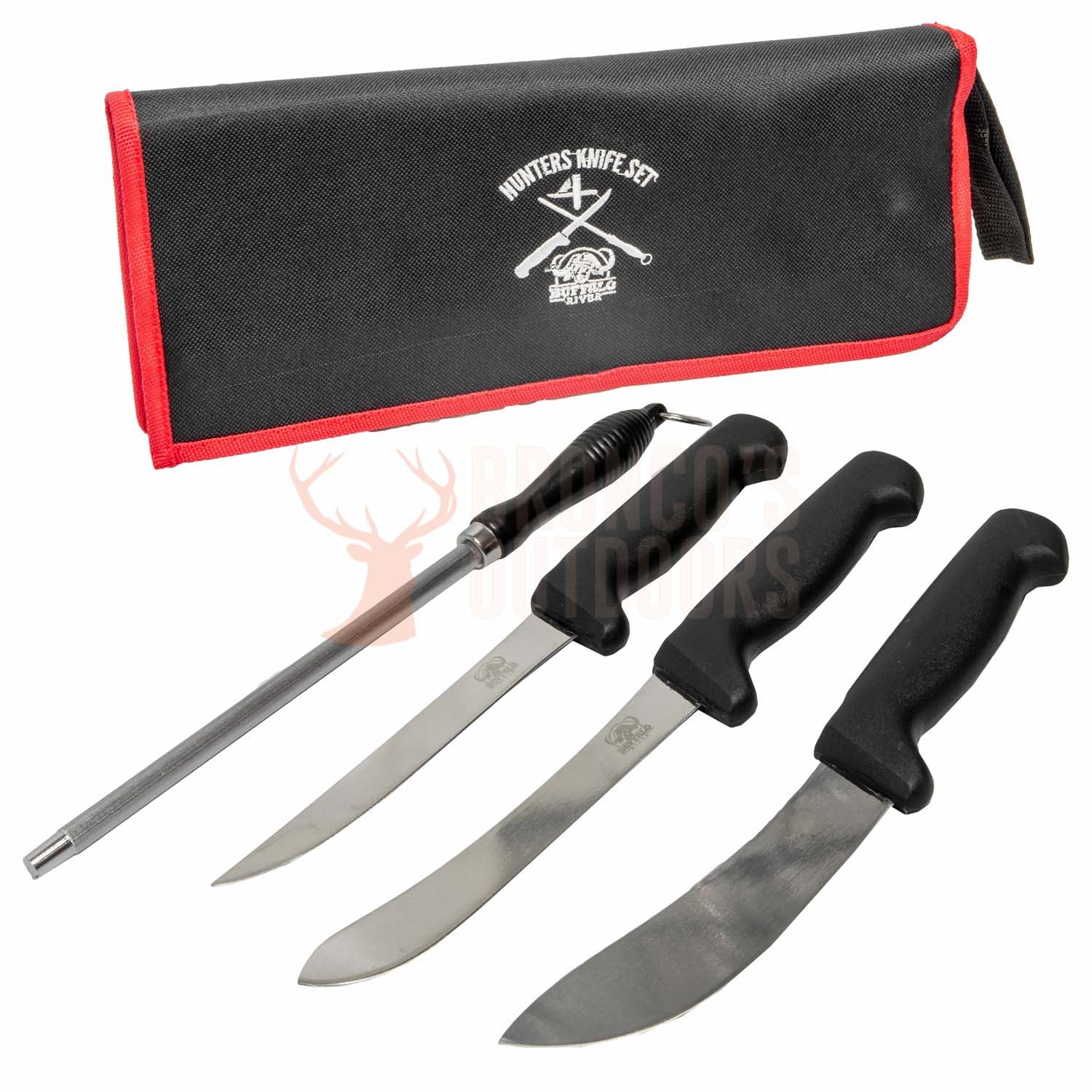 Hunters Knife set with Boning Knife, butchers knife, skinning knife and sharpening steel in knife pouch