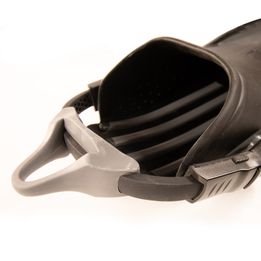 Fourth Element Rec Scuba Fin Fin Black/Grey Pair close up of strap