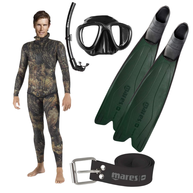 Package showing Mares Illusion wetsuit, Concorde Freedive Fins, Tana Mask and Element Snorkel and Rubber weight belt 
