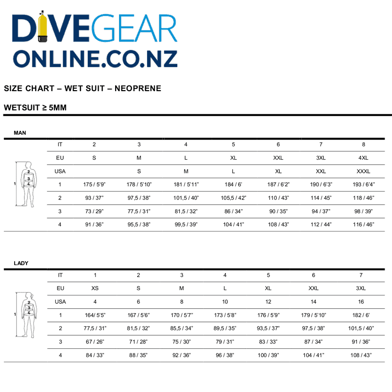 Mares Flexa Scuba diving wetsuit size chart