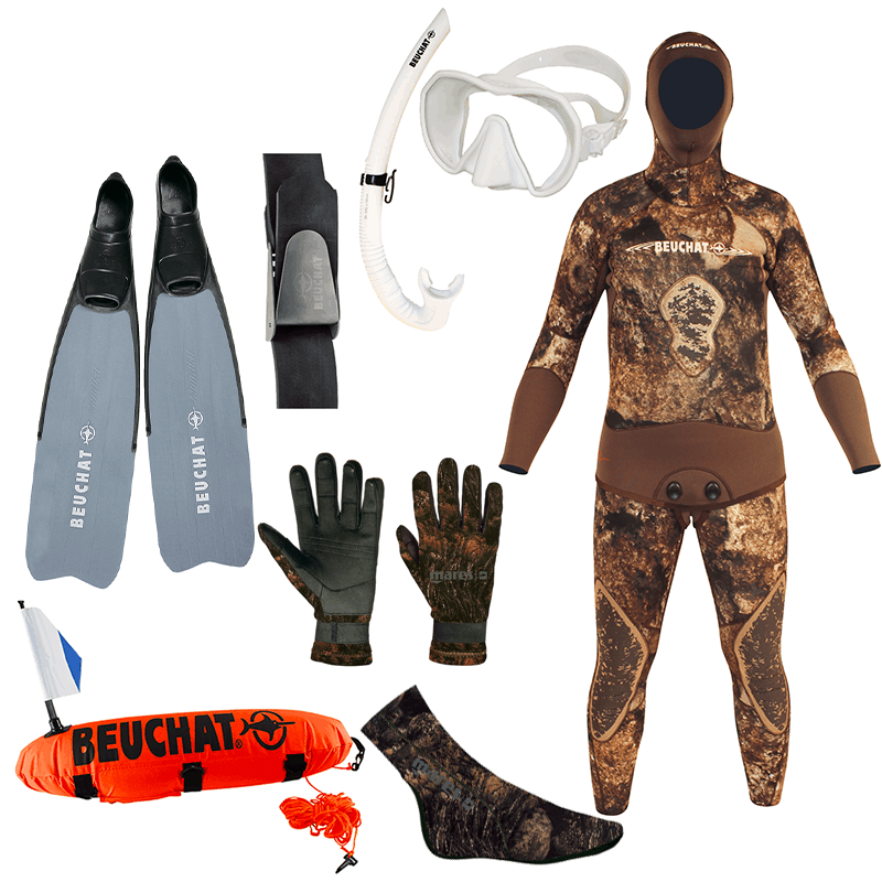 Beuchat Rocksea wetsuit Mares Gloves and Socks Maxlux Mask and Spy Snorkel Rubber weight belt, Beuchat Sport Freedive Fins and Beuchat float
