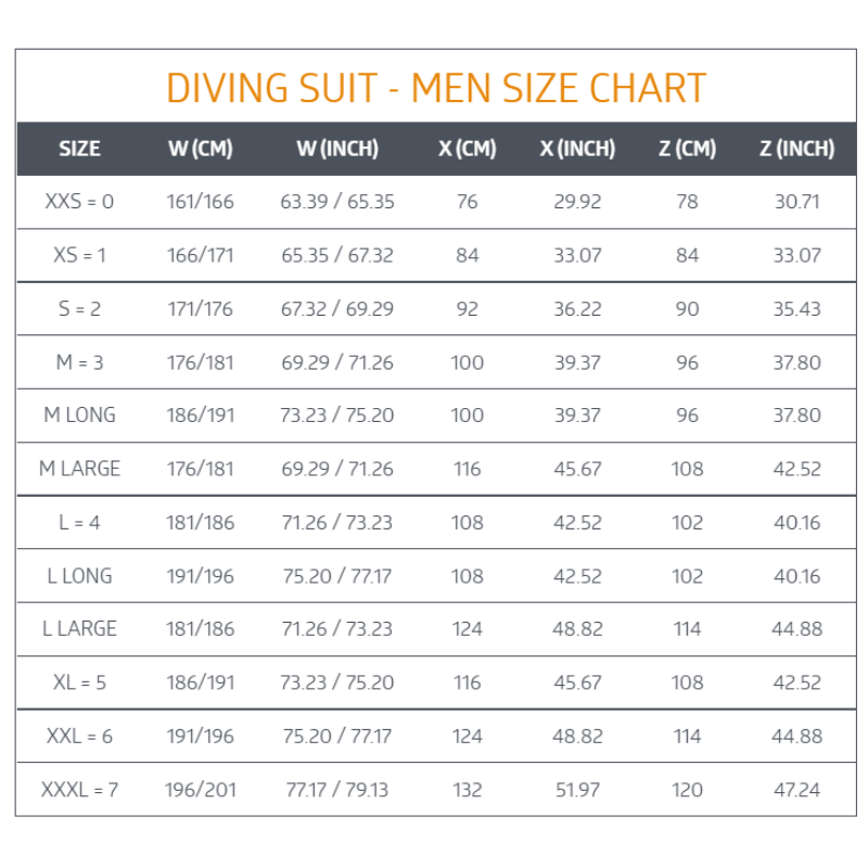 Size Chart for the Beuchat Redrock Freedive and Spearfishing Open Cell wetsuit